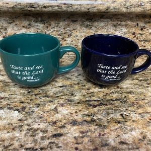 Green and blue coffee mug set Bible verse religious Psalms 34:8